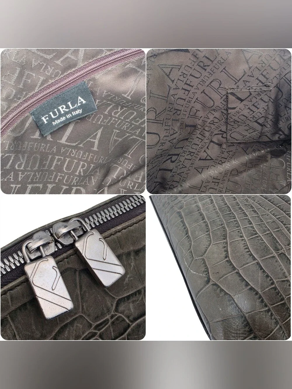 Vintage Furla Crocodile Embossed Green Leather Dome Satchel